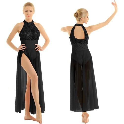 Women Ballet Dress Sleeveless Halter Sequined Mesh Maxi Ballet Dance Class Exercise Stage Performance Dress Built-in Leotard