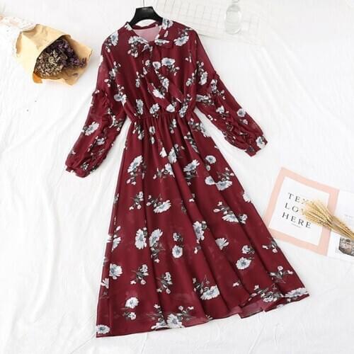 Women Chiffon Print Pleated Dress 2020 New Summer Floral Print Party Dress Elastic waist Long Sleeve Dress Elegant Vestidos