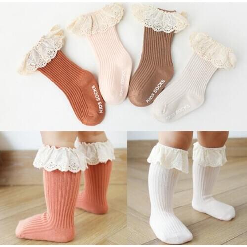 Baby Lace Socks Medium Tube Boneless Glue Non-slip Floor Hosiery Baby-Girls Eyelet Turn Cuff Ruffle Socks