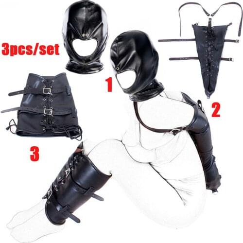 Arm/Leg Binder,Behind Back Straight Jacket,Leather Armbinder Restraint Slave Lockable Glove Sex Hood Mask Role Play Sex Toy Set