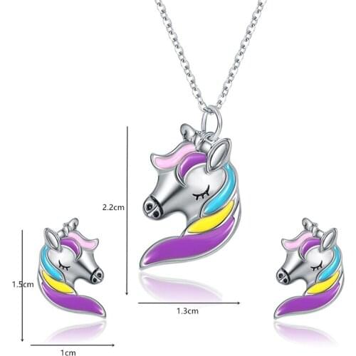 2021 new jewelry unicorn necklace colorful pony clavicle chain earrings gift set for children