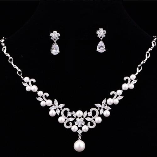 New Arrival Flower Pearl Cubic Zirconia Necklace Set For Bridesmaid Party Jewelry Set Bride Necklace CZL-6154