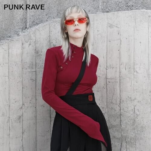PUNK RAVE Girls Solid Color Long Sleeved Knitted T-shirt Slim Slimming Casual Spring/fall Stand-up Collar Women Sexy Tops