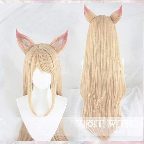 LOL Game Ahri Cosplay Wig with ears KDA Ahri Cosplay Wig Women Long Straight Blonde Heat Resistant Hair Cosplay Wigs + Wig Cap