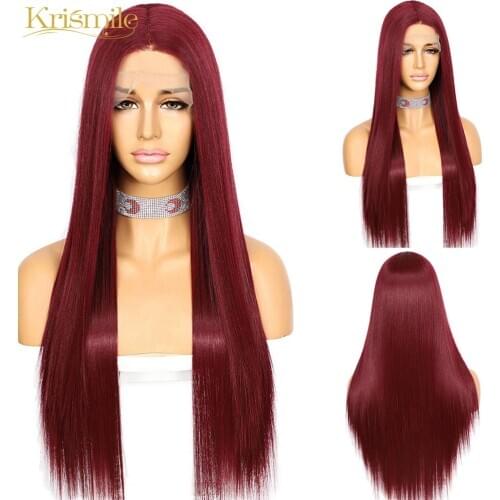 Krismile Long Futura Fiber Lace Front T-Part Synthetic Wig Burgundy 39# Color for Women Daily High Temperature Cosplay Party