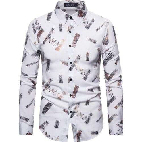 New casual mens long-sleeved shirt digital bronzing printing stretch European size shirt