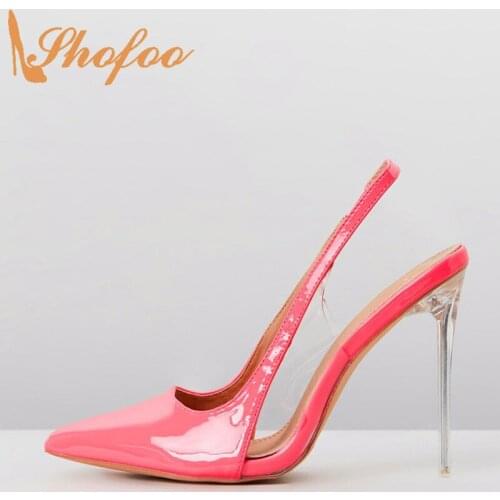 Shofoo Pink Clear Pointed Toe Slingbacks Pumps Woman Patent Leather Thin Heels Large Size 13 Ladies Female Party Shoes Fashion