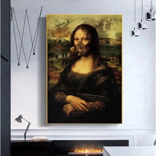 Funny Art Mona Lisa Hold A Gun In The War Wall Art Pictures Canvas Paintings Posters and Prints for Living Room Decor