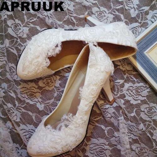 Super high heels white lace wedding shoes women round toes platforms bridal brides shoes female ladies white lace party shoe