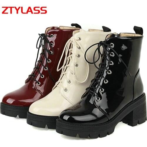 2021 Platform Women Boots Pu Leather Chunky High Heel Anle Boots Zipper Winter Fashion Shoes Big Size 41 42 43