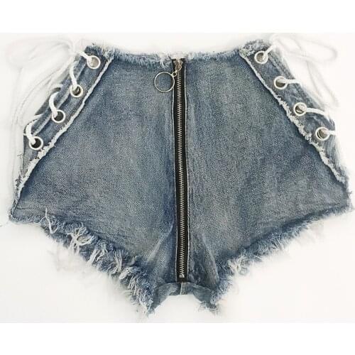 Women jeans denim shorts Summer denim cotton hole zipper Bandage Ladies Skinny Sexy super short jeans