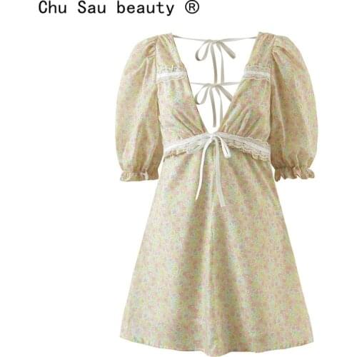 2021 Summer New Vintage Chic Lace-up Print Dress Lace Stitching Ruffled Deep V-neck Puff Sleeve Sexy Mini Dress For Woman