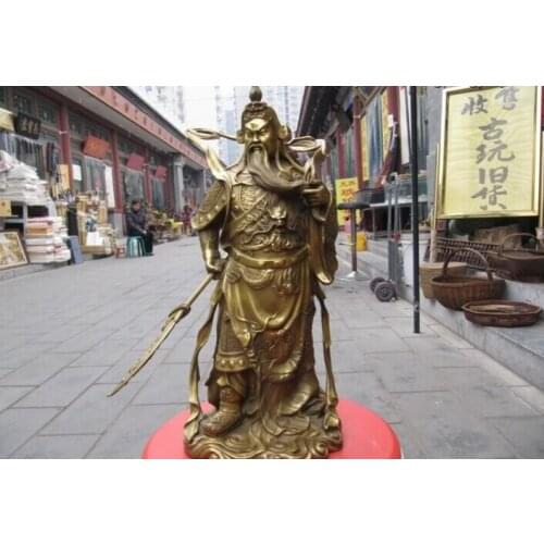 150610 S1738 Chinese Brass Copper famous Dragon Guan Gong warrior Hold Sword Statue