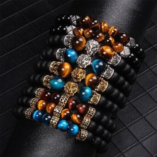 High Quality Crown Lion Bracelet Men Fashion Natural Stone Tiger Eye Onyx Beads Handmade Charm Bracelet for Women Men Jewelry