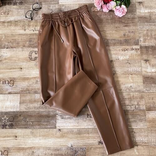 Europe Style Women High Quality Genuine leather Ninth pants Hot fashion Sheepskin Real leather Straight pant C665