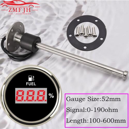 52mm Digital Fuel Level Gauge 100% Display Fuel Gauge with 0~190ohm Oil Tank Level Indicator 100 150 200 300 500mm for Car Boat