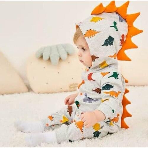 European and American childrens clothing boy dinosaur print long-sleeved one-piece baby boy hooded cartoon print romper 2021