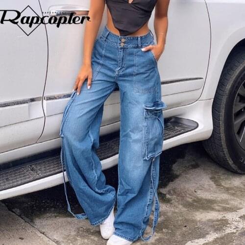 Rapcopter Bandage Big Pockets Jeans y2k Blue Denim Pants Vintage High Waisted Button Baggy Cargo Pants Women 90s Hot Mom Jeans