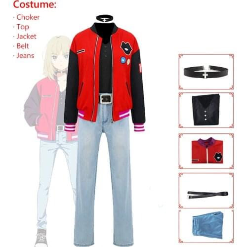 Anime Wonder Egg Priority Rika Kawai Cosplay Costume Wig Red Jacket Choker Pale Blue Jeans Halloween Party Outfit Full Set Gift