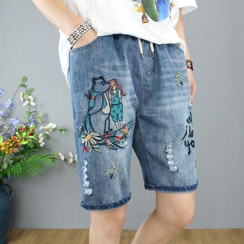 Summer Frayed Cartoon Letter Embroidery Jeans Woman Female Light Blue Straight Elastic Waist Denim Shorts Ripped jean femme