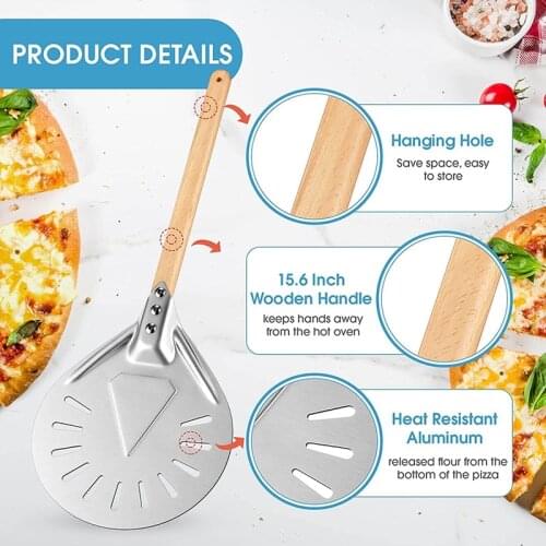 MLGB Turning Pizza Peel Perforated Aluminum Pizza Peel and Oval Shape Detachable Wooden Handle Pizza Paddle for Baking