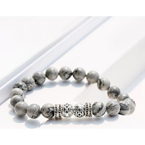 Classic Retro Gray Marble Stone Beaded Bracelet Men Ethnic Flower Beads Stretch Bracelets Fashion Jewelry