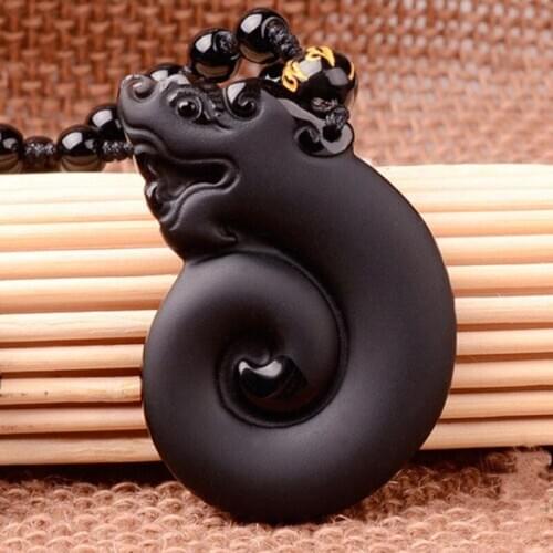 Natural Obsidian Crystal Xuanlong Pendants Jewelry Fine Jewelry Exorcism Transfer Auspicious Xuanlong Pendants Necklace Jewelry