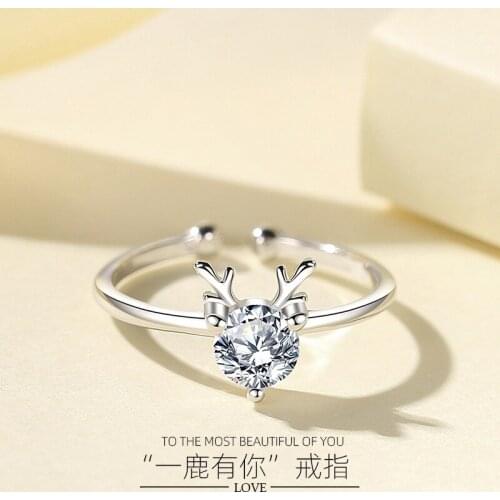 New Simple Antler Round Cut Crystal Ring Fashion Girl Inlay Zircon Adjustable Silver Color Ring Charm Lady Engagement Jewelry