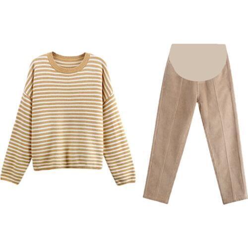 Pregnant WOMENS Autumn Suit Fashion Models New Style Striped Knit Top Maternity Pants Sub-Pregnant Mother--Two-Piece Set