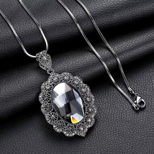 KIOOZOL Oversized Oval Cubic Zirconia Pendant Silver Color Lace Long Necklace For Women Vintage Fashion Jewelry 086 KO2