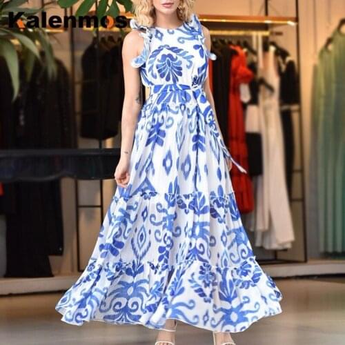 Dress for Women Lolita Japanese Kimono Floral Print Vintage Francais Dress Long Korean Maxi Sleeveless Cascading Ruffle Vestidos