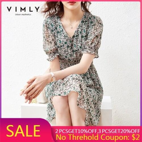 VIMLY Summer Floral Dress For Women 2021 Vintage V Neck Puff Sleeve Chiffon Dresses Beach Dress Female Party Prom Vestidos F6782