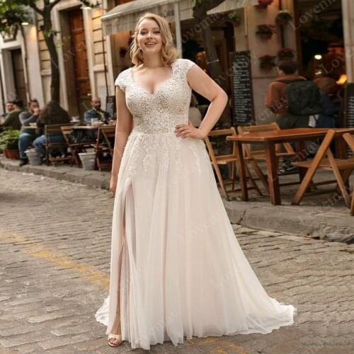 Beach Wedding Dresses for Bride Plus Size 2021 Bridal Dresses Cap Sleeve Appliques Chiffon A Line Wedding Gown Robe De Mariee