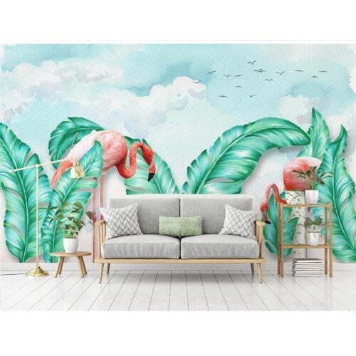 XUE SU Professional custom wall covering large mural wallpaper simple hand-painted tropical leaves flamingo TV background wall