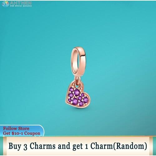 Ahthen 925 Sterling Silver Bead Royal Purple Pavé Tilted Heart Dangle Charm fit Original Pandora Bracelets Women Jewelry Making