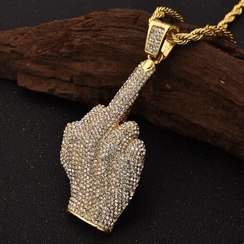 Rhinestone Men Necklace Ice Out Cubic Zircon Hip Hop Finger Animals Pendant Gold Silver Color Charm Chain Jewelry