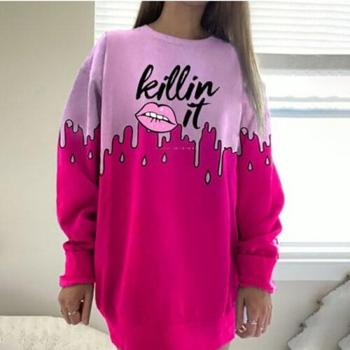 Pink Lip Letter Print Stitching Hip Hop Sweatshirt Women Loose Pullovers Young Girls Kawaii Harajuku Hoodie Oversized Autumn New