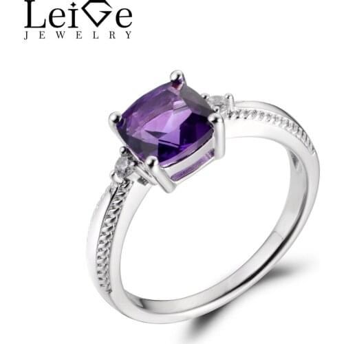 Leige Jewelry Purple Color Natural Amethyst Gemstone Cushion Cut Prong Setting Engagement Carve Rings For Woman Fine Jewelry