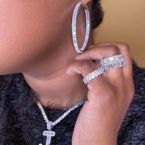 2021 Top Quality Luxury 50mm Big Huggie Hoop Earrings With Full Clear Baguette CZ For Elegant Women Wedding Jewelry Wholesale