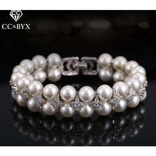 CC Bracelets For Women Luxury Freshwater Pearl Double layer Charm Bangle Wedding Accessories Bride Engagement Jewelry Gift S0058