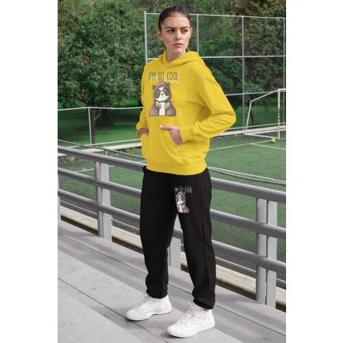 Angemiel Wear I Am So Cool Women Tracksuit Set Yellow Hooded Sweatshirt Black Sweatpants