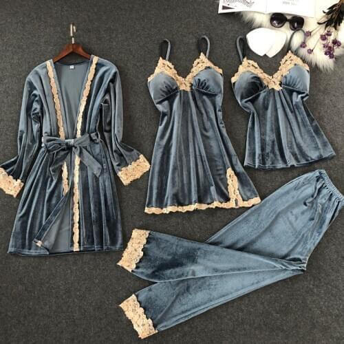 Leisure Female Lace Kimono Bathrobe Gown Set Sexy 4PCS V-Neck Strap Top Robe With Belt Autumn New Velour Sleepwear Nightdress