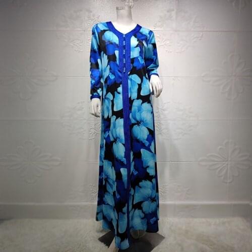 Ethnic Print Maxi Dress for Women 2021 Eid Ramadan Loose Abaya Muslim Jalabiya Full Sleeve Arabic Oman Dubai Islamic Clothing