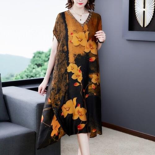 2021 Printed Mulberry Silk Loose Beach Midi Dresses Summer Vintage Elegant 4XL Plus Size Sundress Female Bodycon Party Vestidos