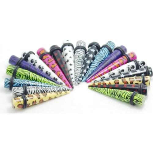 120pcs wholesale body piercing jewelry 3mm-10mm acrylic print zebra leopard star skull straight ear tapers kits plug stretcher