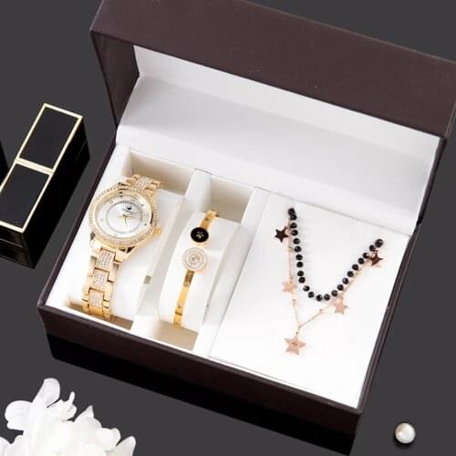 3 Pcs Luxury Women Watches Bracelet Necklace Set Lady Diamond Wristwatch Titanium Bracelets Necklaces Gifts For Women Mom