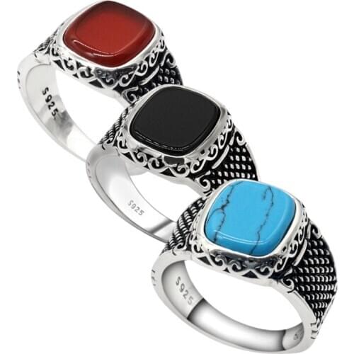 925 Sterling Silver Men Ring with Turquoise/Agate Stone Vintage Natural Gemstone Punk Rings to Male Thai Silver Turkish Jewelry