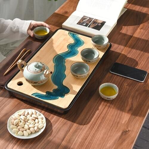 Chinese Style Resin River Design Bamboo Tea Tray For Office Home Teahouse Round Square Small Tea Ceremony Teacup Teapot Board