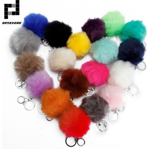BASEHOME Trinket Pompons Keychains Faux Rabbit Fur Keychain Fluffy Key Chains Trinkets Pom Pom Keychain(Silver Color Chain)
