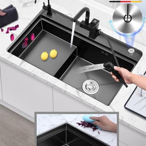 Black Nano-stepped Kitchen Sink 2 Bowel 304 Stainless Steel Kitchen Sink Multifunctional Table Board 3 Holes with Controller